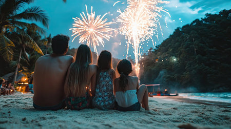 A family watching fireworks on the beach under palm trees, barefoot, celebrating tropical New Year --chaos 30 --ar 16:9 --v 6.1 Job ID: 4eabb5ee-a68a-4861-b04e-ce1deb6d5199の素材