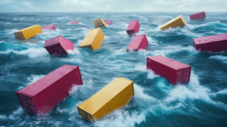 Cargo containers floating in stormy seas symbolizing climate trade disruption, --chaos 30 --ar 16:9 --v 6.1 Job ID: 8d6acb6f-1809-4f00-bfff-68ac7181f8bbの素材