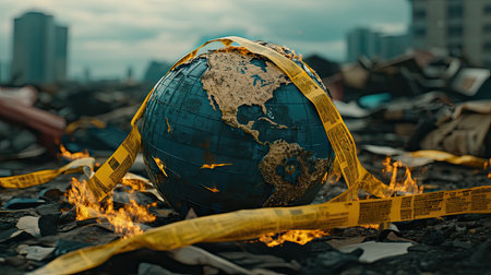 A globe surrounded by caution tape and flames representing geopolitical instability, --chaos 30 --ar 16:9 --v 6.1 Job ID: 4ceb82ba-bf70-46ad-82fa-7e6b99d79de3の素材
