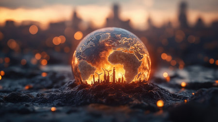 A glowing Earth half covered with solar panels, wind turbines, and green factories, --chaos 30 --ar 16:9 --v 6.1 Job ID: 08ae2d34-827a-4dd9-987f-7b952a765490の素材