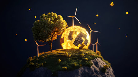 A glowing Earth half covered with solar panels, wind turbines, and green factories, --chaos 30 --ar 16:9 --v 6.1 Job ID: 08ae2d34-827a-4dd9-987f-7b952a765490の素材