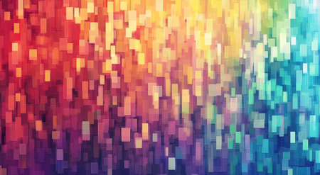 A digital art background featuring an array of vibrant colors, creating a gradient effect with a pixelated texture that adds depth and dimension to the design. The color palette includes shades from reds at one end through oranges, yellows, greens, blues, and purples, all blending seamlessly into each other in a seamless pattern. This vector illustration is perfect for adding dynamic energy or contrast to your projects. It's a colorful explosion of visual vibrancy, making it ideal as a digital backdrop. --ar 47:26 --v 6.1 Job ID: 1cdb2288-8dcc-4484-a88c-72d750d5d979の素材