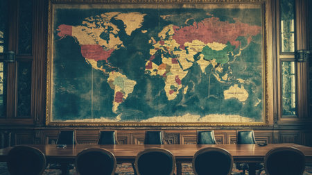 Global conference room split in half, with different trade agreements on each side, --chaos 30 --ar 16:9 --v 6.1 Job ID: e7c2bf64-7989-42cc-bbb0-164696d68683の素材