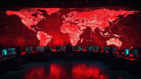 Global leaders in a virtual crisis room with red warning lights and data flashing, --chaos 30 --ar 16:9 --v 6.1 Job ID: 58fd115c-a3d3-474f-bb8c-78a9e49b44d4の素材