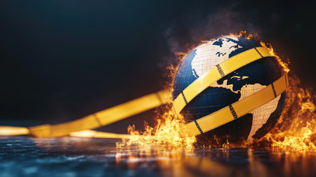 A globe surrounded by caution tape and flames representing geopolitical instability, --chaos 30 --ar 16:9 --v 6.1 Job ID: 4ceb82ba-bf70-46ad-82fa-7e6b99d79de3の素材