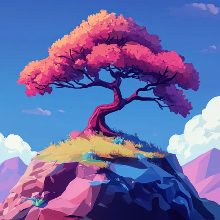 A colorful cartoon tree on top of the mountain, cartoon style, simple color scheme, 2D game art, simple background, vibrant colors, fantasy illustrations, bright and vivid color palette, symmetrical composition, detailed character design, octane render, low poly, high resolution, surreal landscape, blue sky, pink mountains, purple clouds, red trunk, green grass under it. The overall tone is bright and cheerful with a sense of mystery. It has an ethereal atmosphere. --v 6.1 Job ID: b737fabf-d487-4ce1-a1b8-000f68ef394bの素材