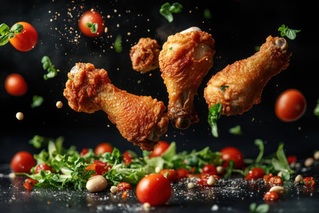 Food photography of fried chicken drumsticks, salad, and tomatoes flying in the air on a black background, for food advertising, an ultra-realistic stock photo with high-resolution textures. --ar 3:2 --v 6.1 Job ID: 867cc54e-95e2-438b-a664-3df3475b3b46の素材