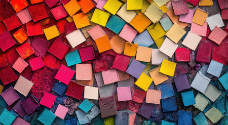 Colorful geometric background with abstract blocks and squares in various shades of red, orange, yellow, green, blue, purple, pink, white, and black. The design creates an elegant composition that adds vibrancy to any space or object it's placed on. An ultra-realistic photograph, captured in high resolution, highly detailed, with natural lighting, using a Fujifilm GFX100s. --ar 47:26 --v 6.1 Job ID: b25d74f9-7d34-45b0-bb50-6682c942b4e1の素材