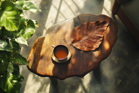 A close-up of the coffee table, showcasing its unique leaf-shaped design and natural wood texture. The sunlight filters through the leaves outside, casting soft shadows on the tabletop, adding depth to the scene. A cup with rich brown tea sits atop the wooden surface, surrounded by green plants that add life to the space. This is an overhead view capturing every detail in high resolution. --ar 3:2 --v 6.1 Job ID: 657170c9-9e26-474b-8760-244798ccff5eの素材