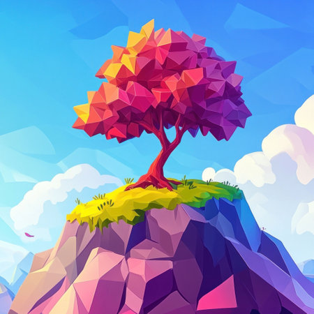 A colorful cartoon tree on top of the mountain, cartoon style, simple color scheme, 2D game art, simple background, vibrant colors, fantasy illustrations, bright and vivid color palette, symmetrical composition, detailed character design, octane render, low poly, high resolution, surreal landscape, blue sky, pink mountains, purple clouds, red trunk, green grass under it. The overall tone is bright and cheerful with a sense of mystery. It has an ethereal atmosphere. --v 6.1 Job ID: b737fabf-d487-4ce1-a1b8-000f68ef394bの素材