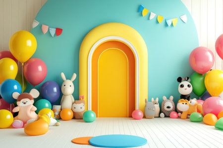 3D cartoon backdrop with colorful balloons, an arched door, and stuffed animals on the floor. --ar 3:2 --v 6.1 Job ID: 3346a3bb-d5e6-417a-ad53-1b2b60d55a2eの素材