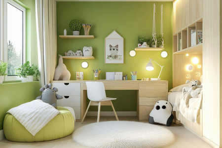 Vibrant green walls, a wooden desk with floating shelves, a comfortable bed in the corner, a plush white rug on the floor, soft pastel colors for the decor, a modern children's room interior design. --ar 3:2 --v 6.1 Job ID: f483dac5-18a6-45d1-a024-b4b93c34359bの素材