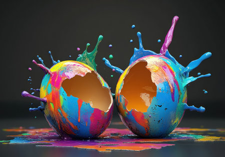 3D vector illustration of colorful paint splashing around two cracked open eggs, food photography, high resolution, studio lighting, HDR, intricate details, advertising design asset sheet, logo --ar 43:30 --v 6.1 Job ID: f9de3724-7cd9-4675-98a8-e1c7db6b462bの素材