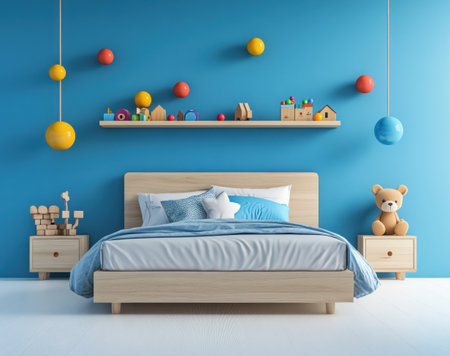 A bedroom with blue walls, a bed and bedside tables in a light wood color, a wall shelf for children's toys, and a wall decoration of colorful balls. The style is minimalist, with a white floor, natural lighting, and a bright environment. The simple furniture design creates a clean and refreshing atmosphere, suitable for childlike playfulness. --ar 39:31 --v 6.1 Job ID: 11e54d1a-0319-4c8a-9a88-84ce8ed9ede7の素材