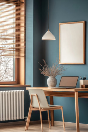 A blue wall with an empty picture frame above the desk, a modern wooden home office interior design in light oak and white, warm lighting, ceramic vase on the table, a window with views of nature, a white pendant lamp, and grey slatted metal radiators. --ar 2:3 --v 6.1 Job ID: 57db898e-3f62-4fb5-a046-393e687310a1の素材