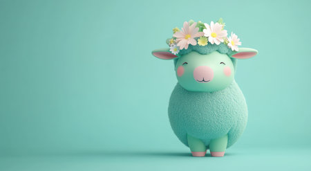 Cute cartoon animal toy, a greenish-blue sheep with a pink nose and flowers on its head, 3D rendering, in the style of C4D, solid color background, studio lighting, front view, centered composition, minimalist design. --ar 78:43 --v 6.1 Job ID: e7cd9c31-5333-4d3f-a9f2-a55aa3be3a51の素材