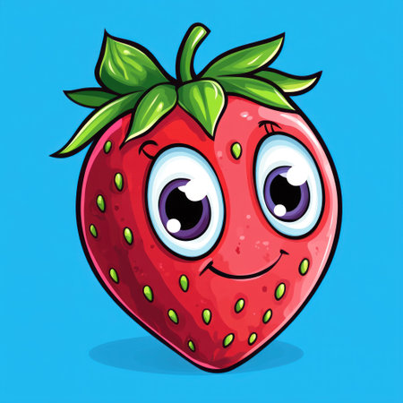 Cute cartoon strawberry character with big eyes and a smiling face, vector illustration for a funny t-shirt design or children's book illustration, on a blue background, colorful and detailed. --v 6.1 Job ID: 7f06fc7e-8c78-4f4e-b2fc-db151446ac78の素材