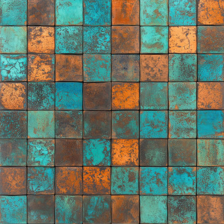 A seamless pattern of patinated copper tiles, with an aged and rustic finish that captures the beauty in its natural state, showcasing stunning textures and colors. The design incorporates earthy tones like turquoise blue and burnt orange for contrast, creating a harmonious blend between modernity and traditional craftsmanship. --v 6.1 Job ID: 757892d0-2830-45bd-9de6-0a8490bdecc0の素材