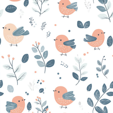 Seamless pattern with cute birds and leaves on a white background, in pastel colors, vector illustration, flat design, simple shapes, soft edges, no shadows, no shading, a cute and dreamy style, nature-inspired patterns, flat color blocks, whimsical design elements, a harmonious composition, pastellism. --v 6.1 Job ID: c0c001d2-84cb-449f-92aa-99e43de9013eの素材
