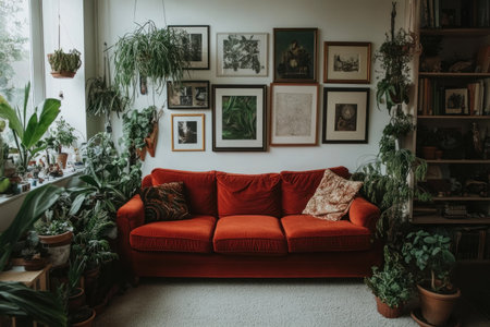 Photograph of a red sofa in the center, surrounded by various potted plants and framed pictures on white walls. White carpet flooring, modern-style living room with plants. --ar 3:2 --v 6.1 Job ID: b75ceac6-4b6f-48e7-8c15-a45d44a8ee52の素材