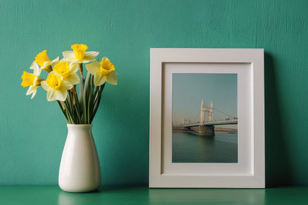 A simple white wooden photo frame on the table, with yellow daffodils in a vase beside it and an iconic British pier bridge in the photograph inside the picture frame, in a minimalist style, with a green wall background, clean lines, natural light, soft pastel colors, and high-resolution photography. --ar 3:2 --v 6.1 Job ID: 7984bcf6-f078-47d2-bd71-bba41ec2fcf9の素材