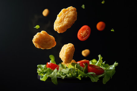 Flying chicken nuggets with salad and tomatoes on a black background, food photography, commercial advertising style, hyper-realistic, high resolution, Octane render, studio lighting, sharp focus, professional color grading. --ar 3:2 --v 6.1 Job ID: e5ab9ffe-c18e-4ab3-b316-57e7434c1cfbの素材