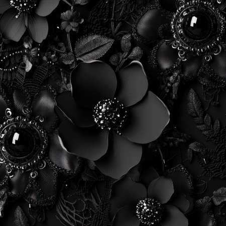 Black lace with beads and flowers on a black background, seamless pattern, digital art, 3D render, hyper-realistic, high resolution, high detail, hyper-detailed photography, hyper-realistic, textured embroidery. --v 6.1 Job ID: 3f874533-8aae-4e92-9d0f-ed140eac4ef0の素材