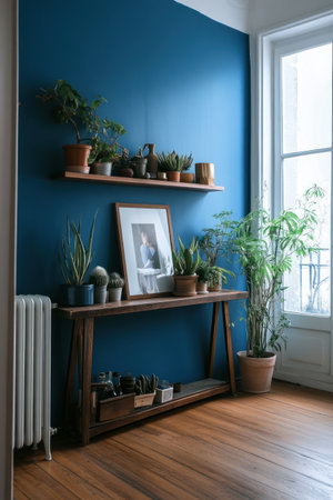 A blue wall in the corner of an open space, with wooden floors and white radiators on one side. A shelf holding various items stands against it, while potted plants add life to the room's ambiance. The wall is painted in a soothing shade of sky-blue that complements the natural wood floor. In front of the wall sits a simple console table decorated with a framed photo, adding character to its surroundings. --ar 2:3 --v 6.1 Job ID: 4494417c-68db-4a68-8c6d-f4c0df245c36の素材