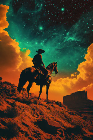 A cowboy riding on horseback in the desert, against an orange and blue sky with stars, in the style of digital art, with neon lights, and a green galaxy background, in the style of Wes Anderson, in the style of Mandy Jurgens, high resolution, surrealism, photography, colorful, vibrant, with a black outline. --ar 2:3 --v 6.1 Job ID: f2162abd-5019-457c-9995-d9ad112e6182の素材