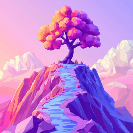 in the style of vibrant cartoon, colorful fantasy tree on top of mountain with river, solid background, simple shapes, low poly, flat design, bright colors, vector art, bold lines, 2d game art, pink and purple color palette, high resolution, hyper-detailed, hyper-realistic --v 6.1 Job ID: 8047d92f-3fb4-4ada-ae63-def92b118f24の素材