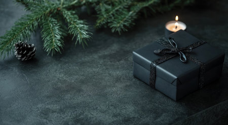 Christmas background with a black gift box, a candle, and pine tree branches on a dark grey concrete table. --ar 78:43 --v 6.1 Job ID: ed21fcd5-8dba-4ae8-beea-24cdcb7e8c10の素材