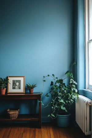 A photo of the wall in an empty room painted with blue paint, wooden floor, and a shelf with plants on it, in a modern style, with a window to the right side. The wall is a smooth light-blue color. There's a small framed picture placed on one end of a console table near the left edge of the frame. A large potted plant sits at the other end of the sofa, leaning against the corner of a white radiator. The focus should be sharp around these two objects and slightly blurred behind them. --ar 2:3 --v 6.1 Job ID: 7d2a9e21-37dc-4478-9437-e0758e4f9e28の素材