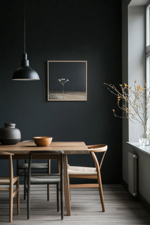 A minimalist dining room with dark gray walls, wall art, a wooden table and chairs, a window on the right side of the picture, and a wooden floor. --ar 2:3 --v 6.1 Job ID: fc0addff-3f4e-4cc7-85bc-edd88b51e06aの素材