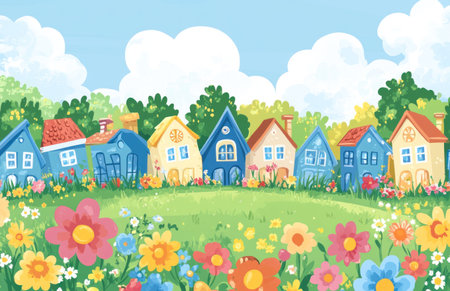 A cartoon-style background of a fairytale forest with blue and green houses, colorful flowers in the foreground, cartoon trees on the sides, a cartoon sky, a cartoon grass field in front of the houses, a cartoon illustration, bright colors, high resolution, high quality, high detail, sharp focus, no blur, vector graphics, a 2D game art style, cartoon, cute, adorable, simple, low contrast, low saturation, fantasy. --ar 17:11 --v 6.1 Job ID: b715a771-f891-48e6-90c5-e76eef3641d4の素材