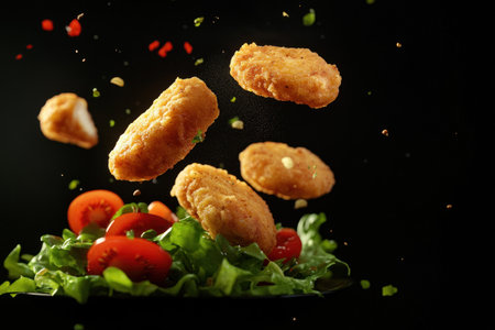 Flying chicken nuggets with salad and tomatoes on a black background, food photography, commercial advertising style, hyper-realistic, high resolution, Octane render, studio lighting, sharp focus, professional color grading. --ar 3:2 --v 6.1 Job ID: e5ab9ffe-c18e-4ab3-b316-57e7434c1cfbの素材