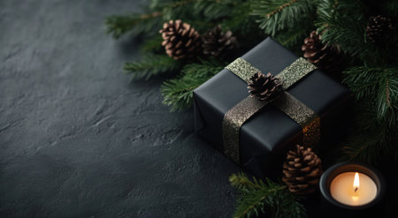 A dark gray background with a black gift box, pine branches, and a candle in front of it. The concept is to create an atmosphere for a Christmas or New Year's celebration. --ar 78:43 --v 6.1 Job ID: caa0fc23-3b52-437d-9217-c90f4d40ace6の素材