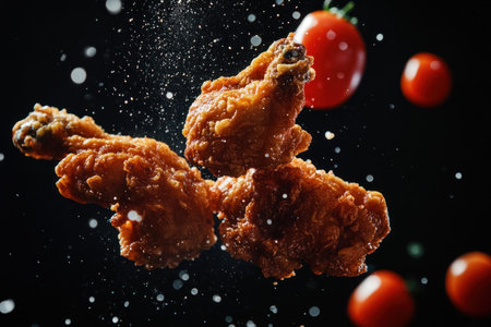 Fried chicken and tomatoes falling on a black background, commercial photography, high resolution, high detail, close-up --ar 3:2 --v 6.1 Job ID: 0b68722c-6e8b-4df1-a3c3-d47716bfc861の素材