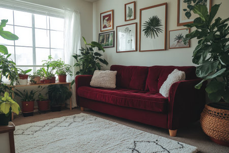 Photograph of a living room with plants and framed pictures on the wall, white walls, burgundy sofa, carpeted floor, and a white rug. In the style of Scandinavian design, with natural light from large windows. The focus is on the red couch in front of which there is an array of potted houseplants creating a green decor. The photograph has a clean aesthetic and bright atmosphere. High resolution, high quality, detailed photography, taken with a Canon EOS camera and an f/2 lens. --ar 3:2 --v 6.1 Job ID: 47c8fda3-fc05-4a8f-bcc0-259ee258310eの素材