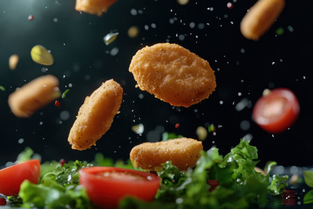 Flying chicken nuggets with salad and tomatoes on a black background, food photography, commercial advertising style, hyper-realistic, high resolution, Octane render, studio lighting, sharp focus, professional color grading. --ar 3:2 --v 6.1 Job ID: e5ab9ffe-c18e-4ab3-b316-57e7434c1cfbの素材