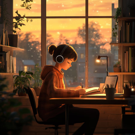 A girl with short hair wearing headphones is sitting at the desk reading, studying and writing in books. The room has warm lighting, large windows, bookshelves on one side of her table, coffee mugs, pen holder and stationery boxes placed around it. It's a cozy atmosphere full of warmth and tranquility., unreal engine rendering style, soft dreamy tones, study space, study environment, study setting, lofi art style, ultra realistic, high resolution --v 6.1 Job ID: d3dc011d-128f-4aff-9af0-21c052fa041eの素材