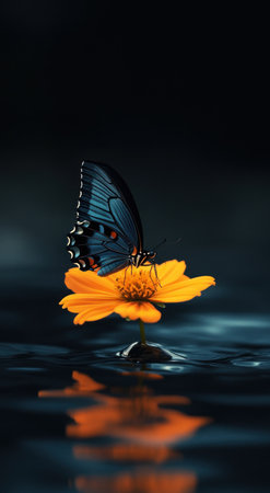 A butterfly perches on the edge of an orange flower, floating in water with a dark background. This minimalistic, simple image features a dark blue and black color theme with cinematic lighting, creating a beautiful, hyper-realistic high-resolution photograph in the style of a professional photographer. --ar 43:78 --v 6.1 Job ID: cc40f10c-d8a0-4669-978a-eef0fb0bbf4cの素材