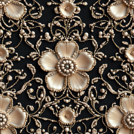 3D render of a beautiful lace pattern with beads and flowers, on a black background, creating a seamless design. --v 6.1 Job ID: 85c5728d-b635-4b27-aa15-6b0570c72c64の素材