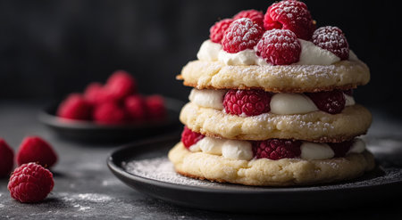Ricotta cookies with raspberries and cream cheese, food photography, dark background, professional photo shoot, studio lighting, Nikon Z6 II camera with an EF-S macro lens in the style of Nikon. --ar 78:43 --v 6.1 Job ID: 89e778ef-dfa3-4a88-90e5-97d91f70e4dbの素材