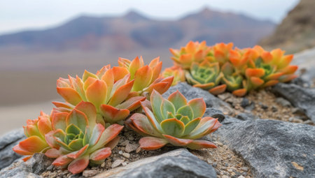 Close-up of succulents growing on rocky terrain in the desert, with mountains in the background. --ar 53:30 --v 6.1 Job ID: cf570996-44e5-47ae-a8ed-3146423801d3の素材
