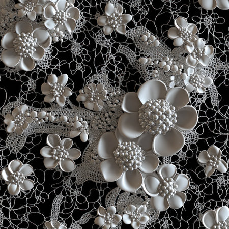 3D render of a lace pattern with beads and flowers, on a seamless black background. --v 6.1 Job ID: 1ad54796-f5e5-4422-9031-202328e8d347の素材