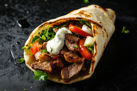 Gyros with lamb meat, salad, and white sauce on pita bread against a black background. Greek food dish, a doner kebab filled with raw meat and vegetables. Street cuisine. Suitable for commercial use. Real photo, wide-angle lens, high resolution, highly detailed, cinematic. --ar 3:2 --v 6.1 Job ID: 31ed897d-02f2-4f63-91b4-18806cfb0c8fの素材