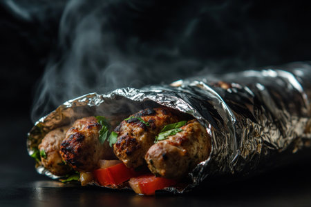 Food photography of traditional Greek kebab or shawarma in a foil wrap with smoke, against a dark background, for food advertising, an ultra-realistic stock photo, high resolution, and very detailed. --ar 3:2 --v 6.1 Job ID: d72ec77f-1a18-4a47-95ac-951c2c0b70f1の素材