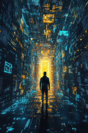 A man stands in the center of an endless maze, with blue and yellow light shining on him from above. The walls behind him consist entirely of high-tech digital code. It is extremely futuristic and has sci-fi elements. There's no one else around, in the style of a cinematic movie poster. --ar 2:3 --v 6.1 Job ID: 1570fbd2-ac18-4bb9-8f3d-bbc50134f352の素材