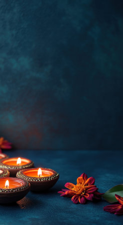Photo of a Diwali background with candles and colorful boho decoration on a blue, minimalistic background, with space for text. High-resolution, real photo, with a dark green background. --ar 43:78 --v 6.1 Job ID: 9776d072-6609-4c18-858f-08767246f2d3の素材