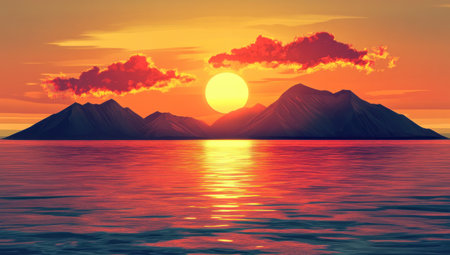 A stunning sunset over the ocean, casting warm hues across mountains and sea in the style of a cartoon. The sun is setting behind two distant islands, with vibrant red clouds reflecting on the calm waters. In front of them lies an island that adds to the scene's beauty. This picturesque landscape captures nature's grandeur in a digital art form. --ar 37:21 --v 6.1 Job ID: 881cf433-2ad1-4827-b321-014a527203d6の素材